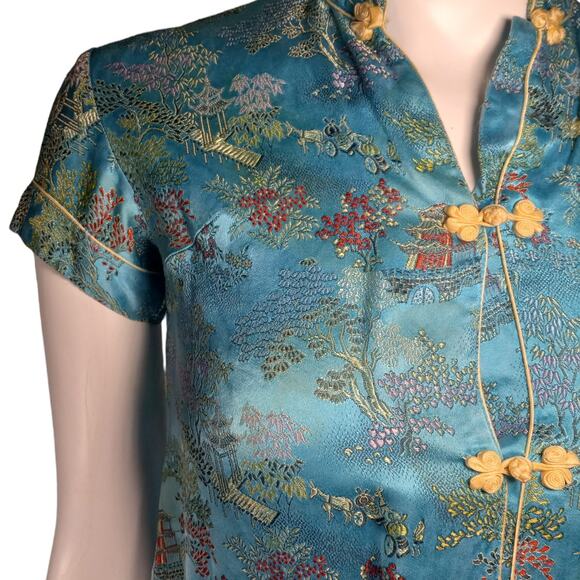 Vntg Peony Shanghai China Silk Jacquard 2pc Set XS Oriental Lounge Quietlux - Picture 5 of 16